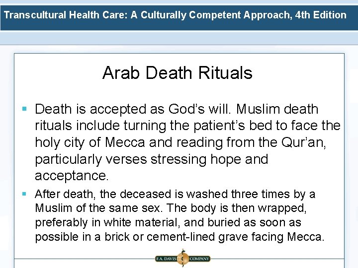 Transcultural Health Care: A Culturally Competent Approach, 4 th Edition Arab Death Rituals §