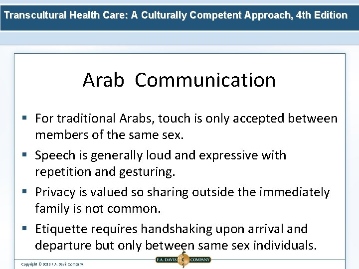 Transcultural Health Care: A Culturally Competent Approach, 4 th Edition Arab Communication § For