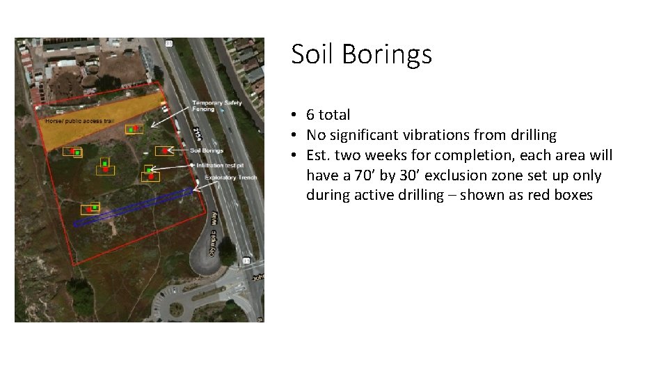 Soil Borings • 6 total • No significant vibrations from drilling • Est. two