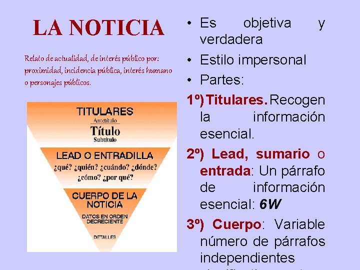 LA NOTICIA Relato de actualidad, de interés público por: proximidad, incidencia pública, interés humano