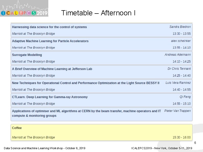 Timetable – Afternoon I 6 Data Science and Machine Learning Workshop - October 6, Timetable – Afternoon I 6 Data Science and Machine Learning Workshop - October 6,