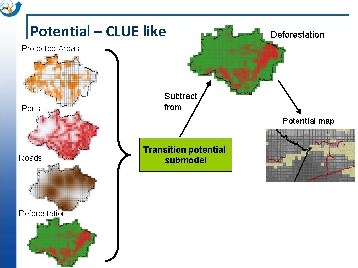 Potential – CLUE like Deforestation Protected Areas Ports Subtract from Potential map Roads Deforestation