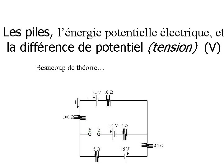 Les piles, l’énergie potentielle électrique, et la différence de potentiel (tension) (V) Beaucoup de
