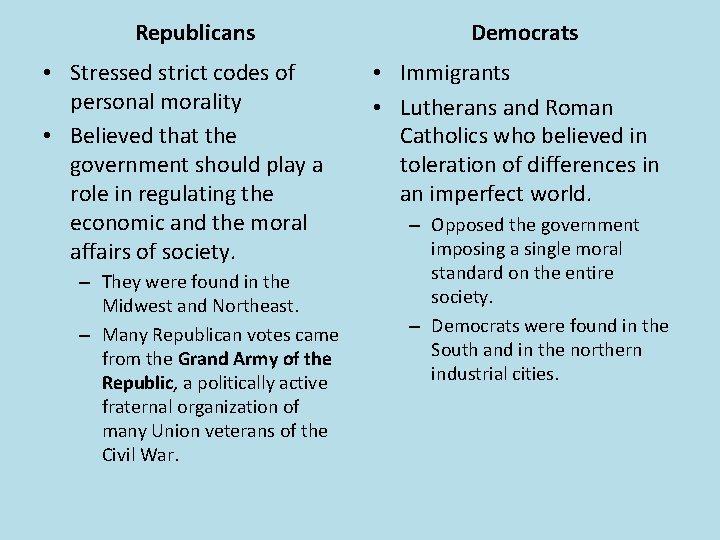 Republicans • Stressed strict codes of personal morality • Believed that the government should