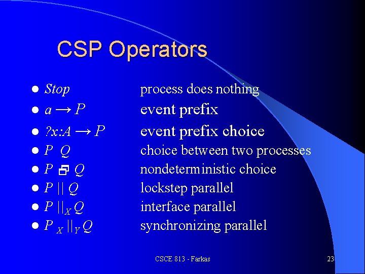 CSP Operators l Stop l a→P process does nothing l event prefix choice l