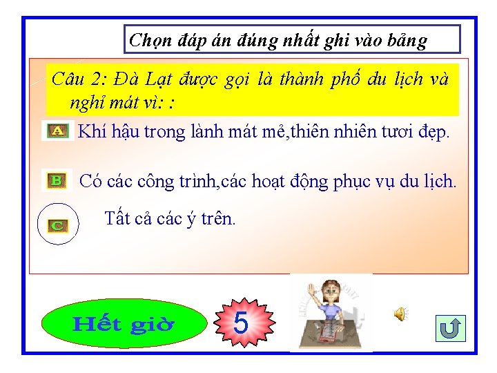 Chọn đáp án đúng nhất ghi vào bảng Câu 2: Đà Lạt được gọi