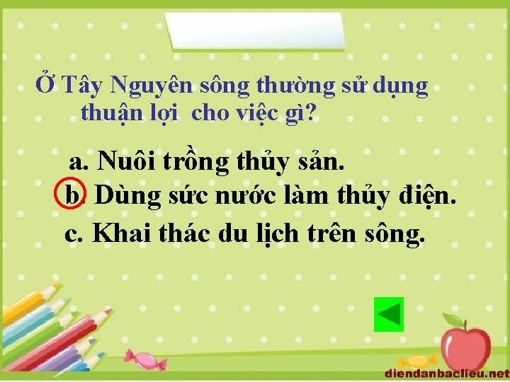 Ở Tây Nguyên sông thường sử dụng thuận lợi cho việc gì? a. Nuôi