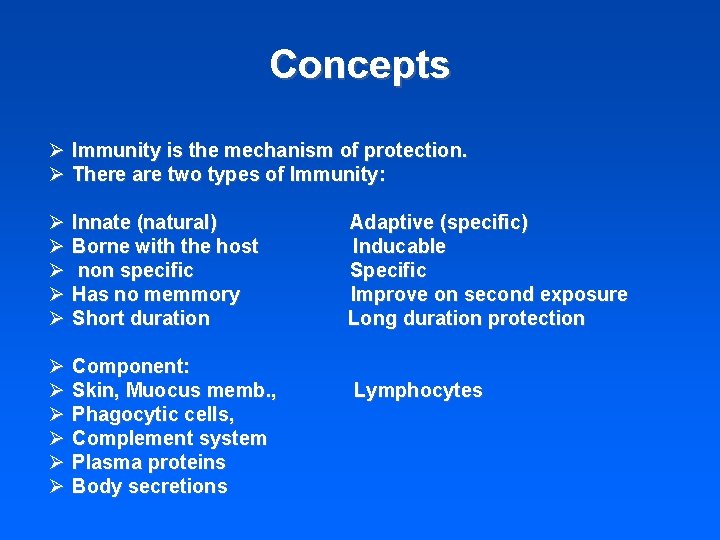 Concepts Ø Immunity is the mechanism of protection. Ø There are two types of