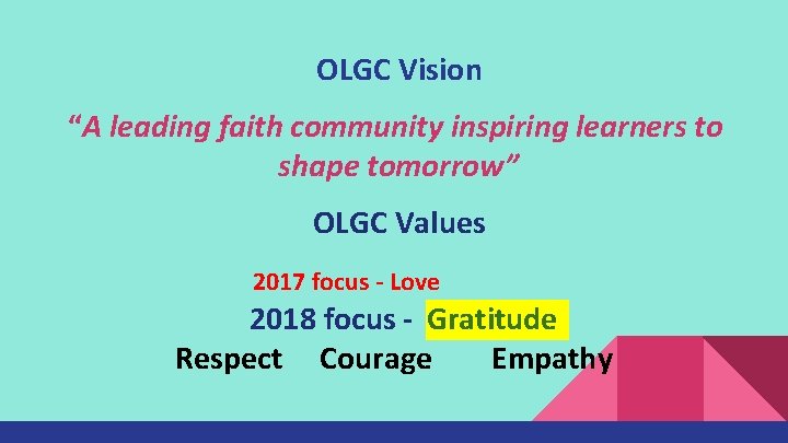 OLGC Vision “A leading faith community inspiring learners to shape tomorrow” OLGC Values 2017