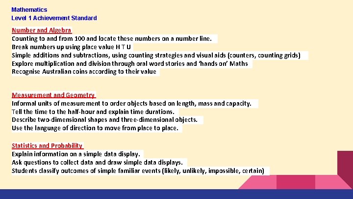 Mathematics Level 1 Achievement Standard Number and Algebra Counting to and from 100 and