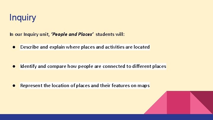 Inquiry In our Inquiry unit, ‘People and Places’ students will: ● Describe and explain