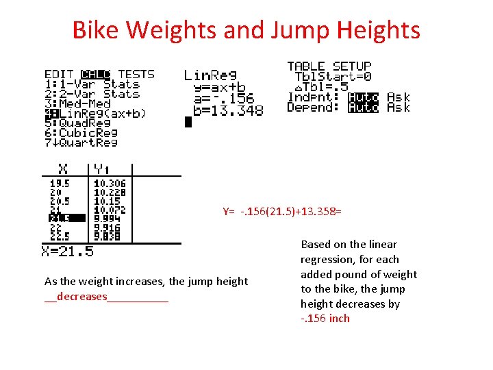 Bike Weights and Jump Heights Y= -. 156(21. 5)+13. 358= As the weight increases,