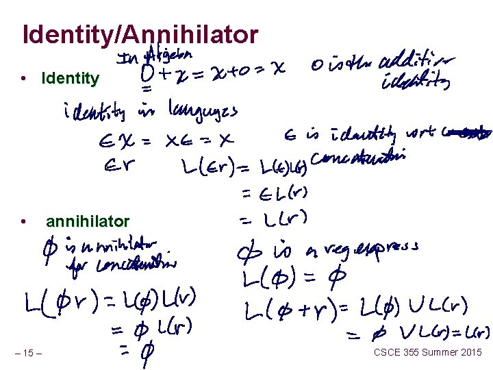 Identity/Annihilator • Identity • – 15 – annihilator CSCE 355 Summer 2015 