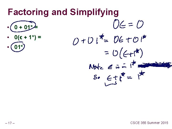 Factoring and Simplifying • 0 + 01* = • 0(ϵ + 1*) = •