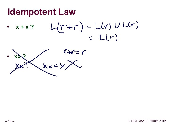Idempotent Law • x+x? • xx ? – 19 – CSCE 355 Summer 2015
