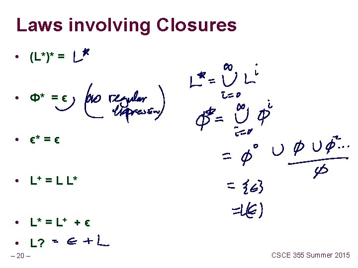 Laws involving Closures • (L*)* = • Ф* = ϵ • ϵ* = ϵ