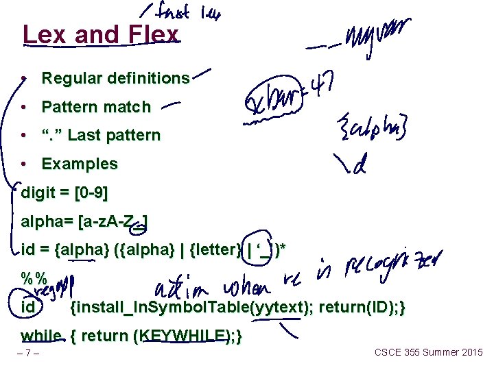 Lex and Flex • Regular definitions • Pattern match • “. ” Last pattern