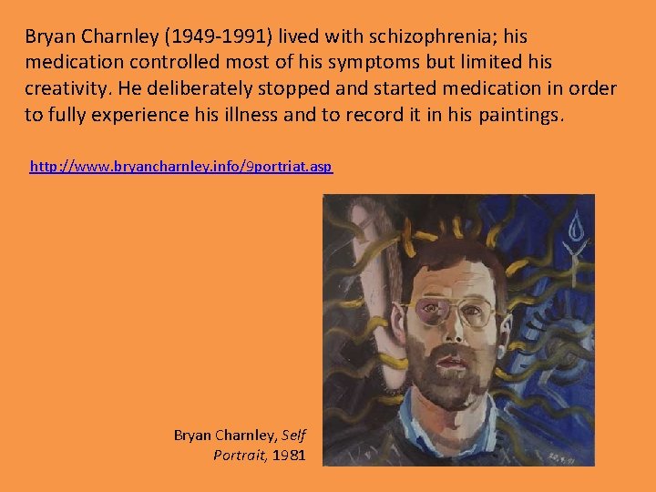 Bryan Charnley (1949 -1991) lived with schizophrenia; his medication controlled most of his symptoms