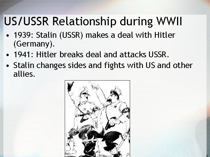 US/USSR Relationship during WWII • 1939: Stalin (USSR) makes a deal with Hitler (Germany).