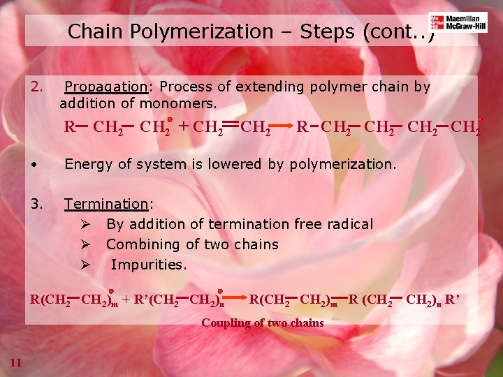 Chain Polymerization – Steps (cont. . ) 2. Propagation: Process of extending polymer chain