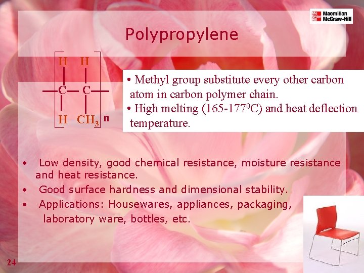 Polypropylene H H C C H CH 3 n • • Methyl group substitute