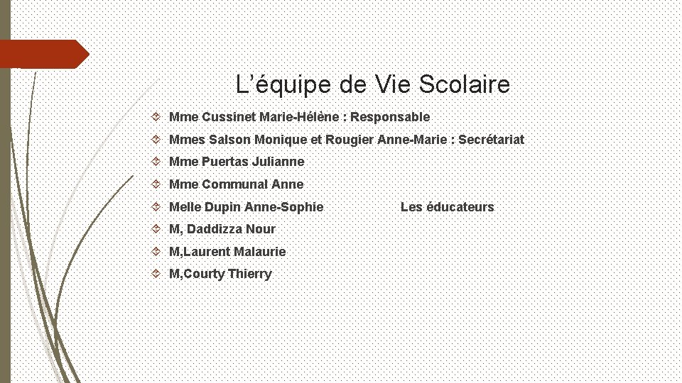 L’équipe de Vie Scolaire Mme Cussinet Marie-Hélène : Responsable Mmes Salson Monique et Rougier