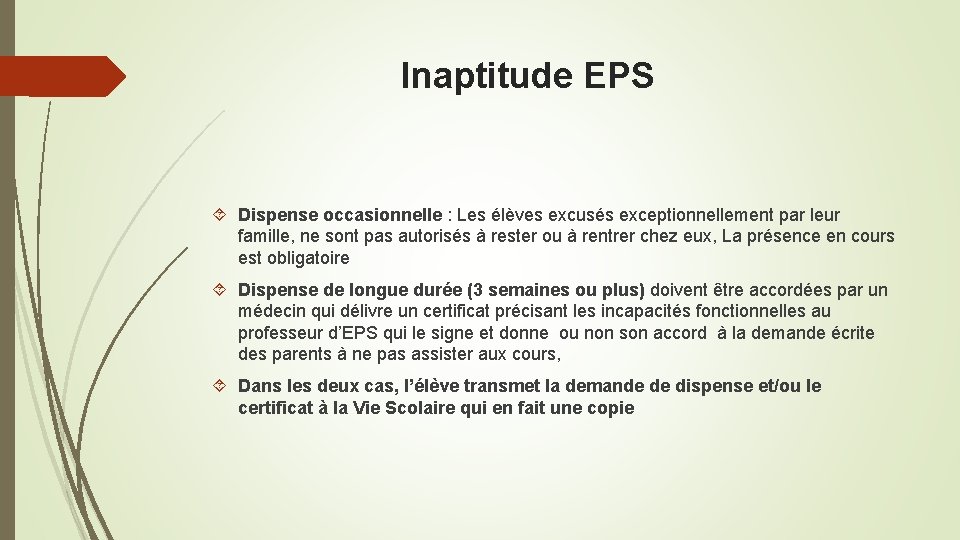 Inaptitude EPS Dispense occasionnelle : Les élèves excusés exceptionnellement par leur famille, ne sont