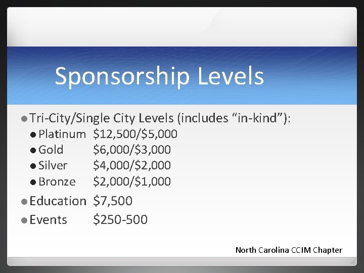 Sponsorship Levels l Tri-City/Single l Platinum l Gold l Silver l Bronze l Education