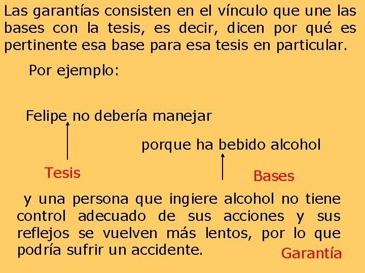 Las garantías consisten en el vínculo que une las bases con la tesis, es