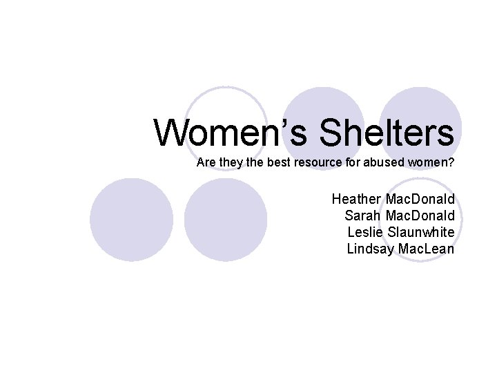 Women’s Shelters Are they the best resource for abused women? Heather Mac. Donald Sarah