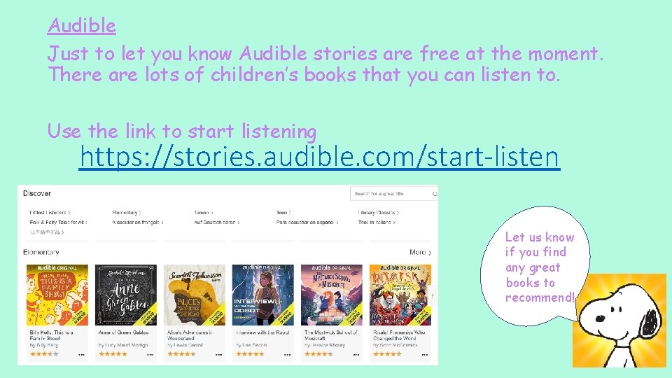 Audible Just to let you know Audible stories are free at the moment. There
