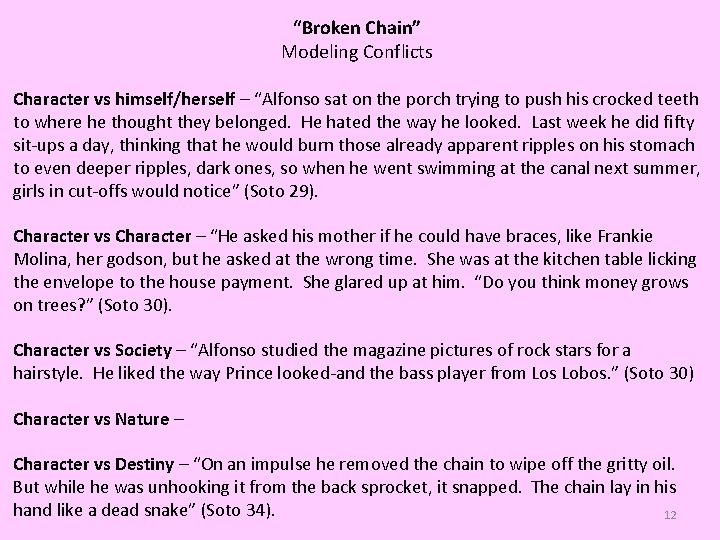 “Broken Chain” Modeling Conflicts Character vs himself/herself – “Alfonso sat on the porch trying
