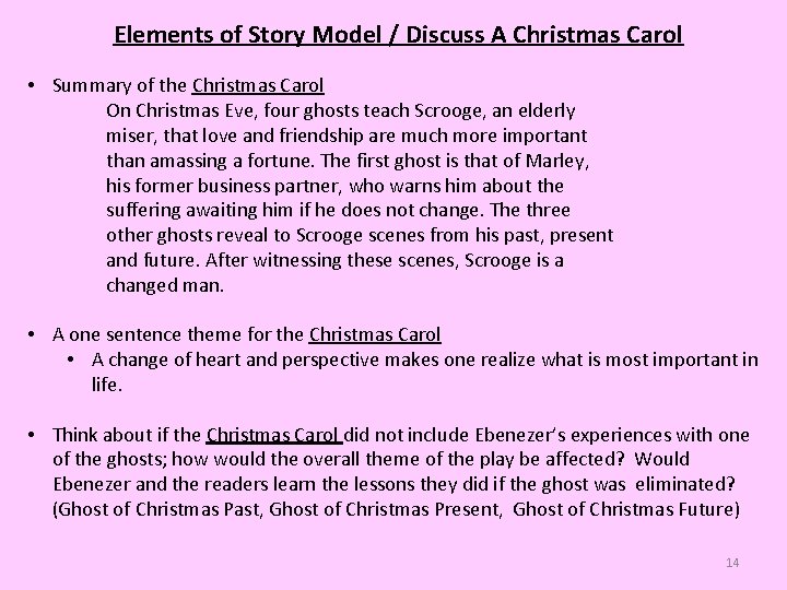 Elements of Story Model / Discuss A Christmas Carol • Summary of the Christmas