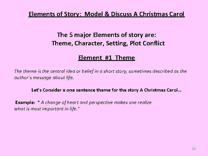 Elements of Story: Model & Discuss A Christmas Carol The 5 major Elements of
