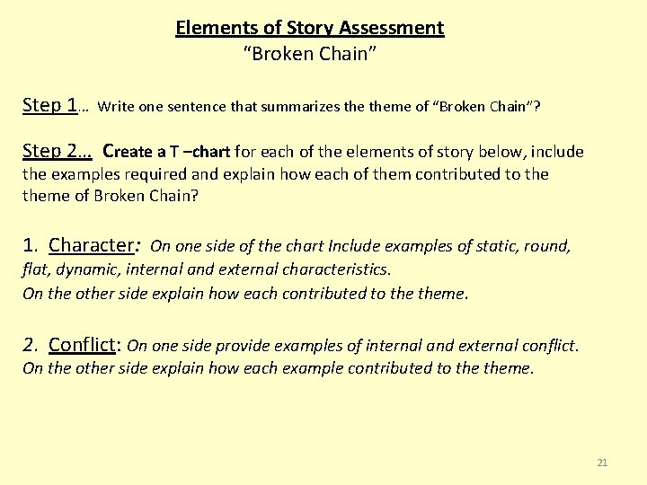 Elements of Story Assessment “Broken Chain” Step 1… Write one sentence that summarizes theme