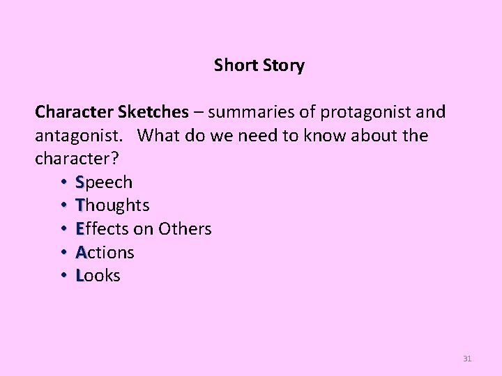 Short Story Character Sketches – summaries of protagonist and antagonist. What do we need