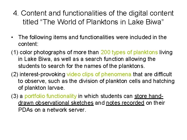4. Content and functionalities of the digital content titled “The World of Planktons in