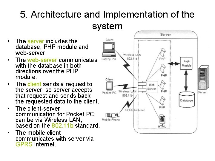5. Architecture and Implementation of the system • The server includes the database, PHP