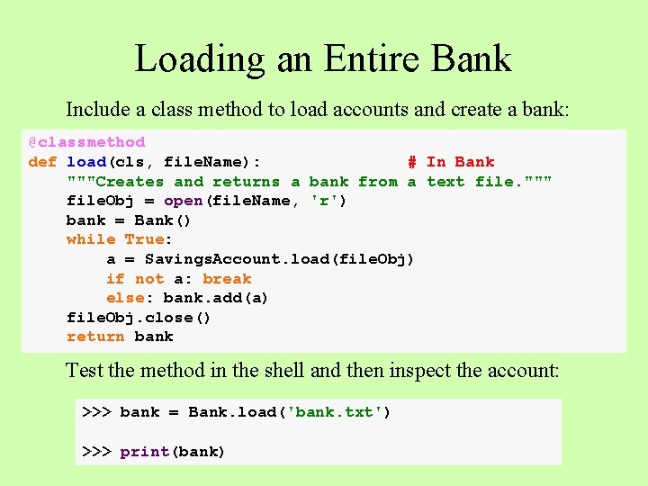 Loading an Entire Bank Include a class method to load accounts and create a Loading an Entire Bank Include a class method to load accounts and create a