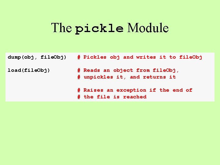 The pickle Module dump(obj, file. Obj) # Pickles obj and writes it to file. The pickle Module dump(obj, file. Obj) # Pickles obj and writes it to file.