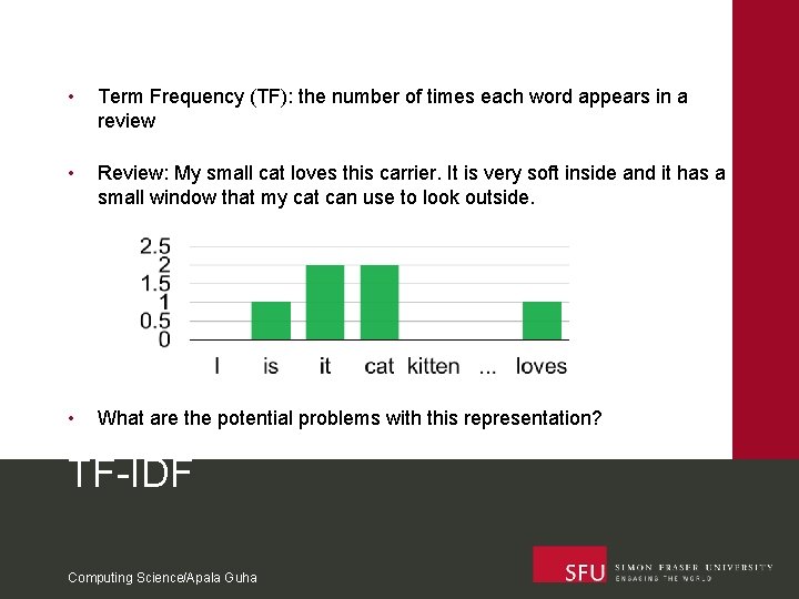  • Term Frequency (TF): the number of times each word appears in a