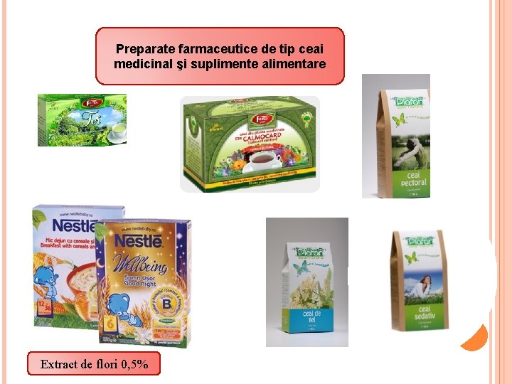 Preparate farmaceutice de tip ceai medicinal şi suplimente alimentare Extract de flori 0, 5%