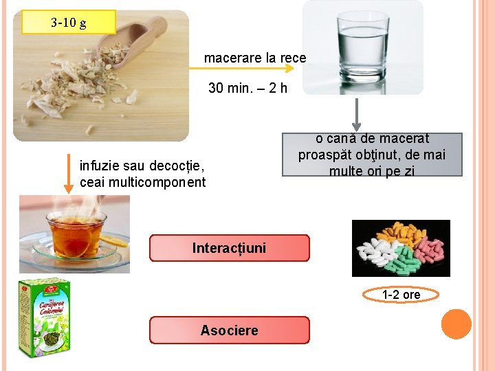 3 -10 g macerare la rece 30 min. – 2 h infuzie sau decocție,