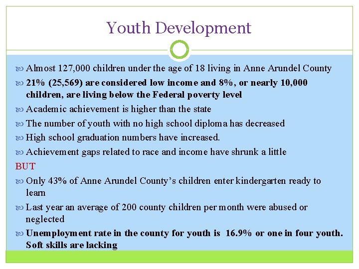 Youth Development Almost 127, 000 children under the age of 18 living in Anne