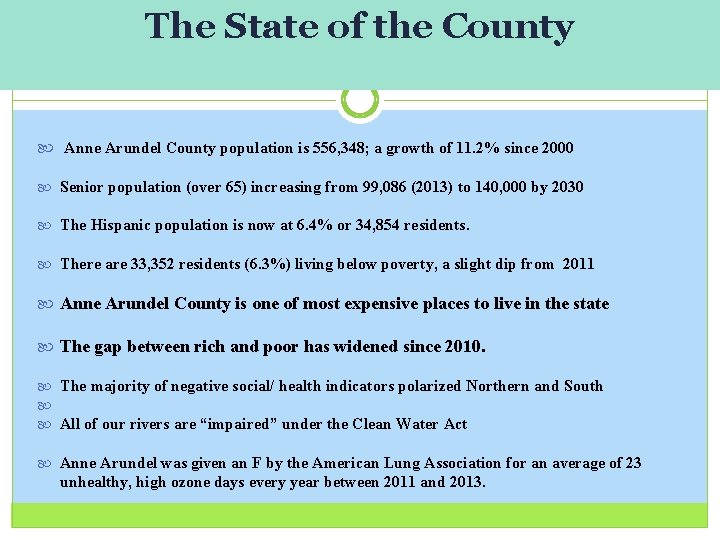 The State of the County Anne Arundel County population is 556, 348; a growth