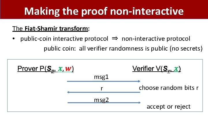 Making the proof non-interactive The Fiat-Shamir transform: • public-coin interactive protocol ⇒ non-interactive protocol