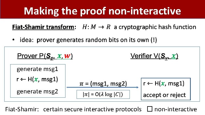 Making the proof non-interactive • generate msg 1 generate msg 2 Fiat-Shamir: certain secure
