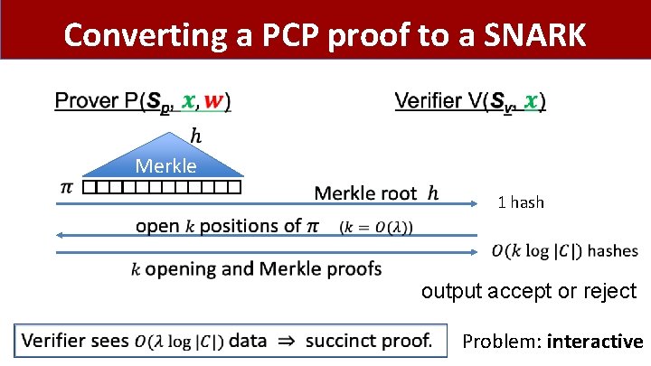 Converting a PCP proof to a SNARK Merkle 1 hash output accept or reject