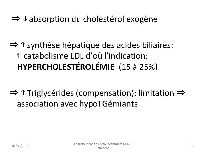 ⇒ ⇓ absorption du cholestérol exogène ⇒ ⇑ synthèse hépatique des acides biliaires: ⇑