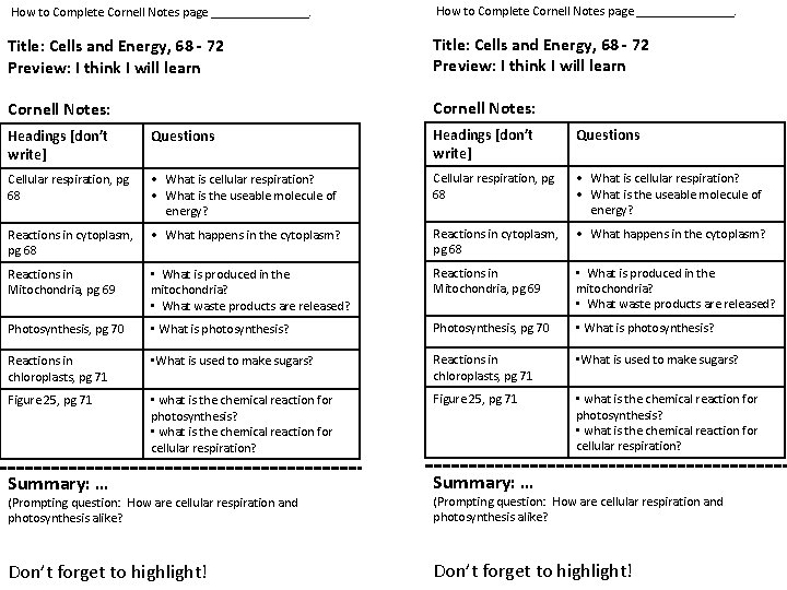 How to Complete Cornell Notes page Title Cells